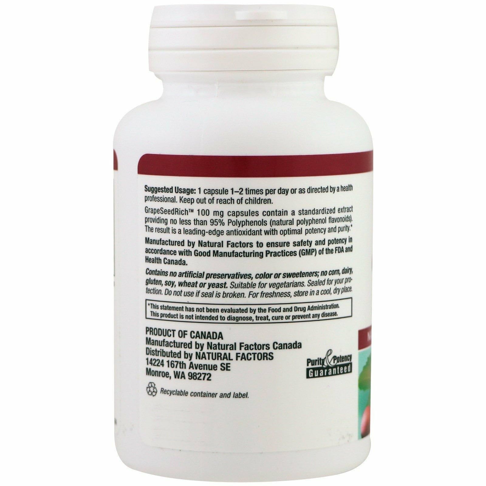 Natural Factors GrapeSeedRich capsules closeup highlights convenient vegetarian capsules.