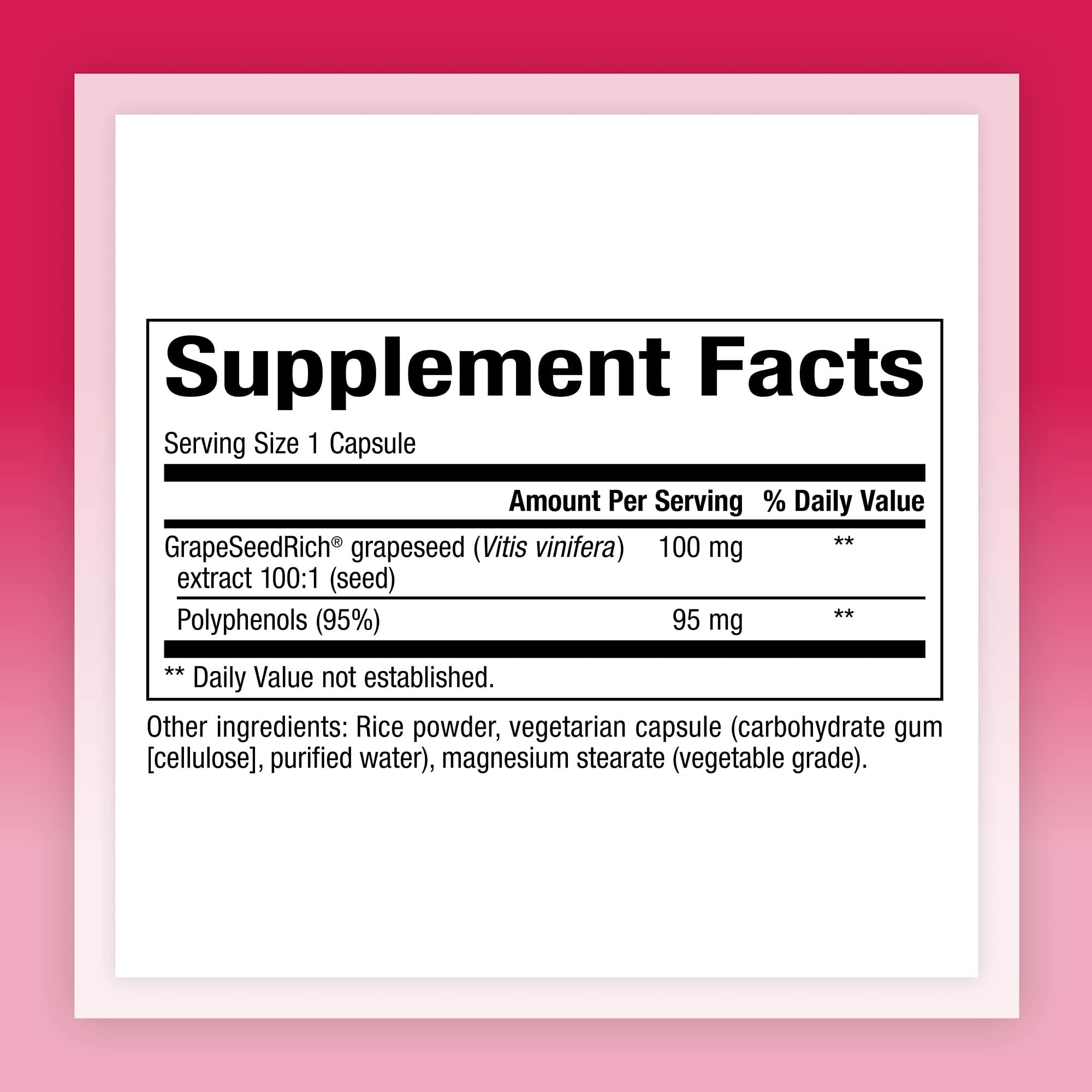 Close-up of Natural Factors GrapeSeedRich capsules for convenient daily use.