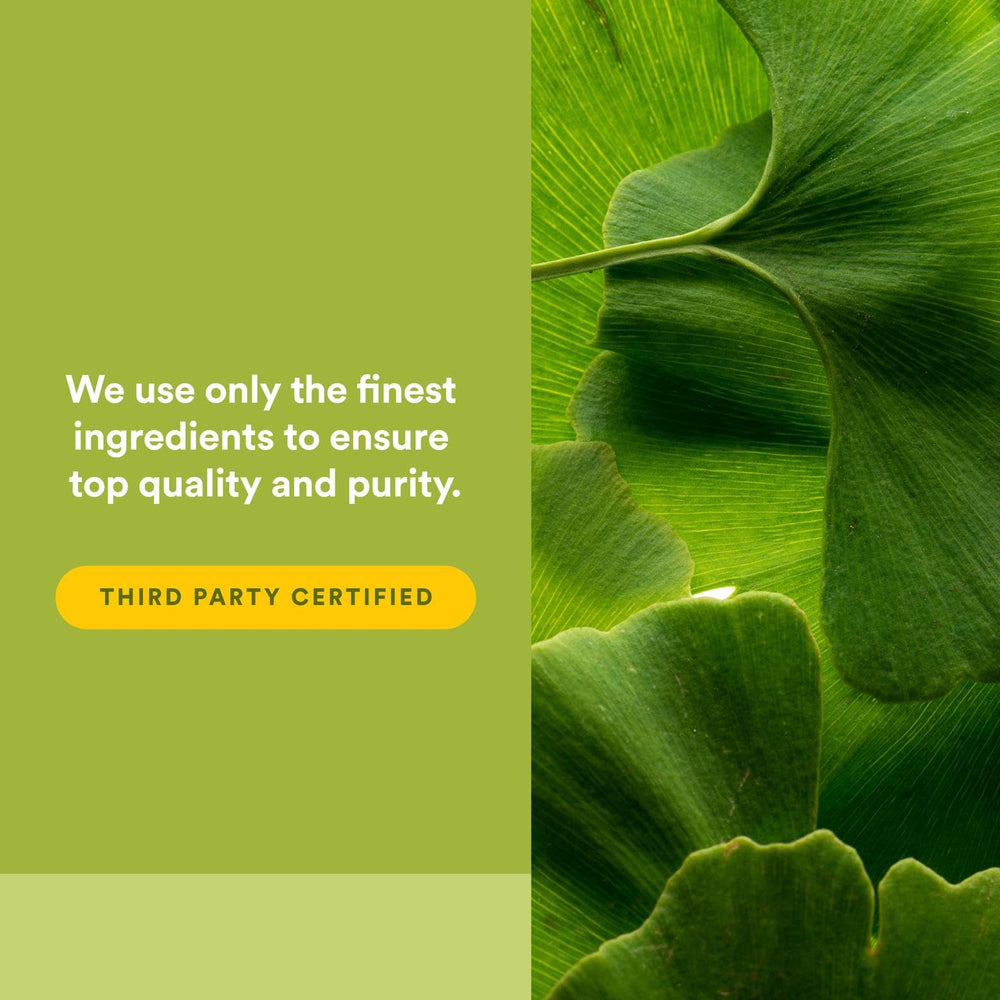 Packaging image shows GMO-free and purity certifications for HerbalFactors Ginkgo Biloba.