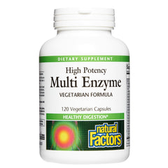 Natural Factors bottle front with high potency multi enzyme for digestive support.
