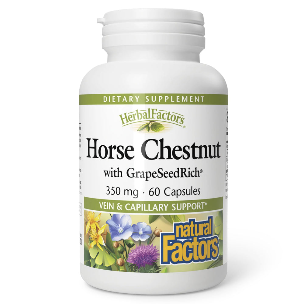 Natural Factors horse chestnut bottle front showing standardized extract for circulatory support.