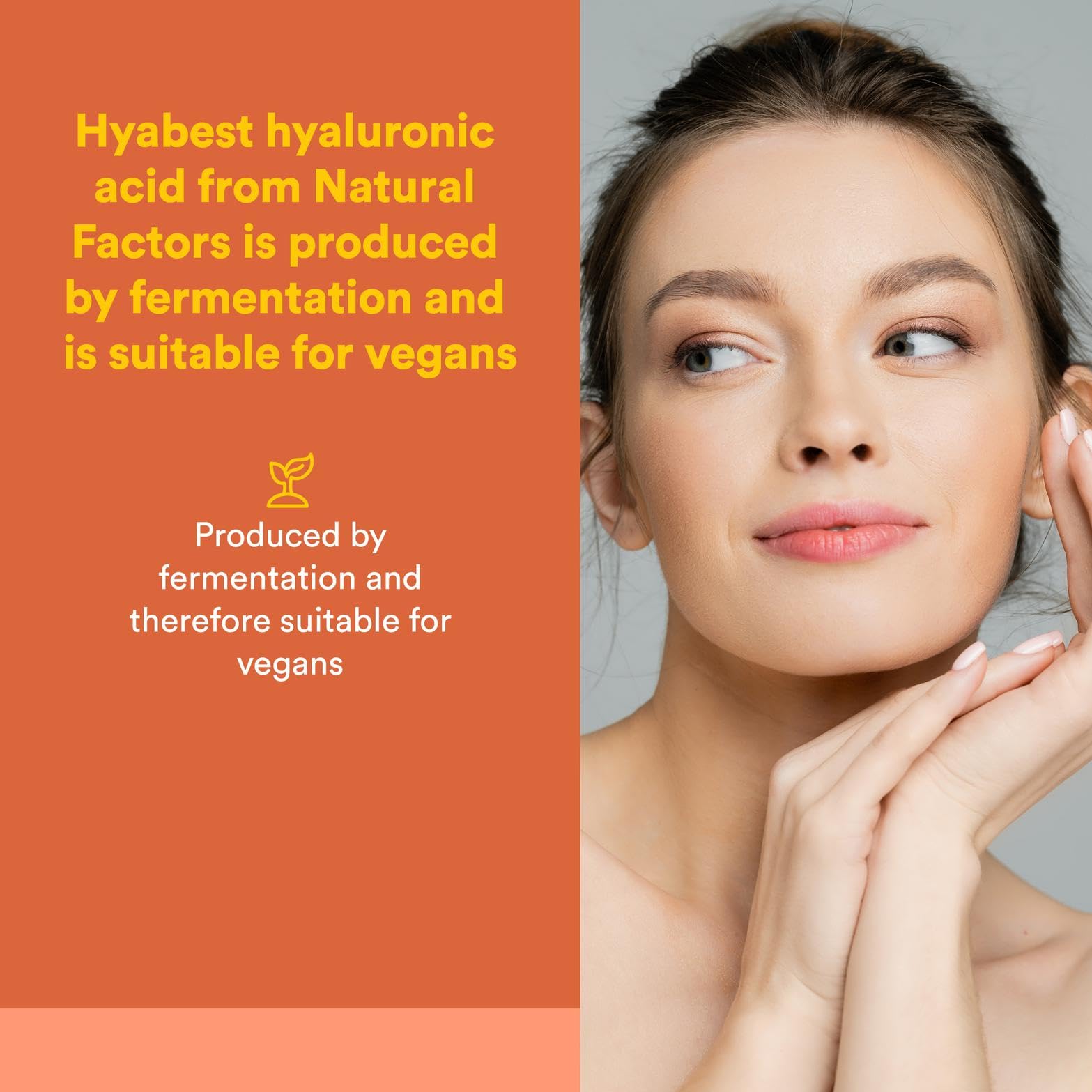 Natural Factors Hyabest bottle label close-up emphasizes vegan fermentation process.