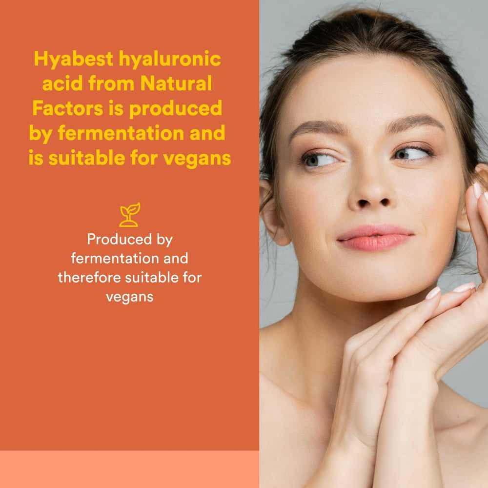 Natural Factors Hyabest bottle label close-up emphasizes vegan fermentation process.