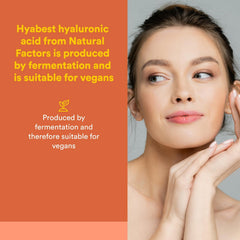 Natural Factors Hyabest bottle label close-up emphasizes vegan fermentation process.