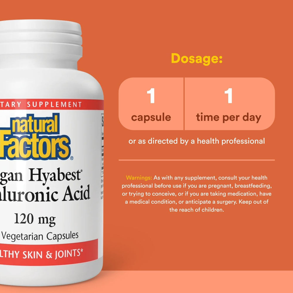 Natural Factors Hyabest capsules close-up shows capsule texture and vegan formula.
