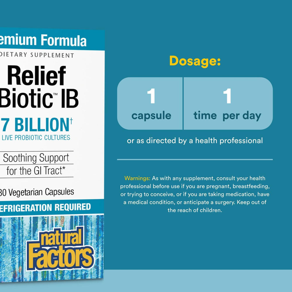 Natural Factors IBS Relief Biotic label close-up highlighting CFU and strains.