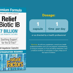 Natural Factors IBS Relief Biotic label close-up highlighting CFU and strains.