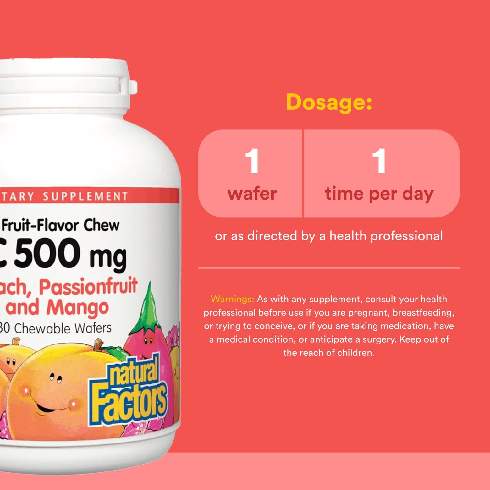 Natural Factors Kids Chewable Vitamin C wafers in Peach, Passionfruit and Mango flavor.