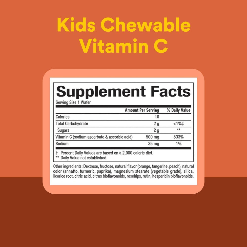 Close-up of label showing 500 mg vitamin C per serving