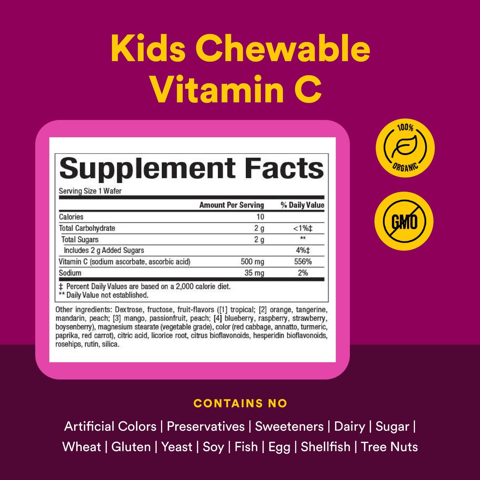 Natural Factors Kids Vitamin C 500 mg wafers dosing for daily use and convenience.
