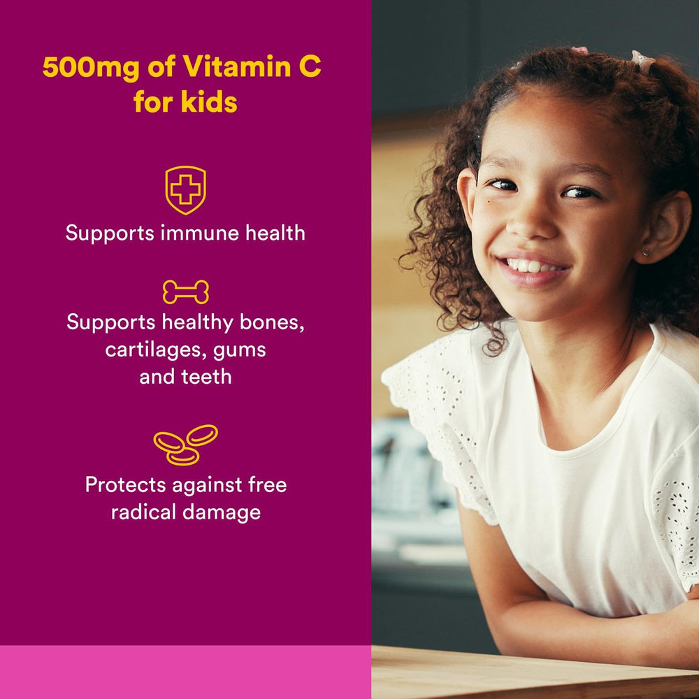 Natural Factors Kids Vitamin C 500 mg wafers fruit flavor label highlights 500 mg dose and nutrients.