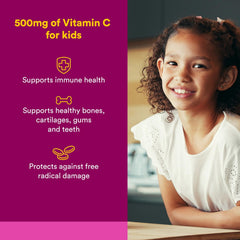 Natural Factors Kids Vitamin C 500 mg wafers fruit flavor label highlights 500 mg dose and nutrients.