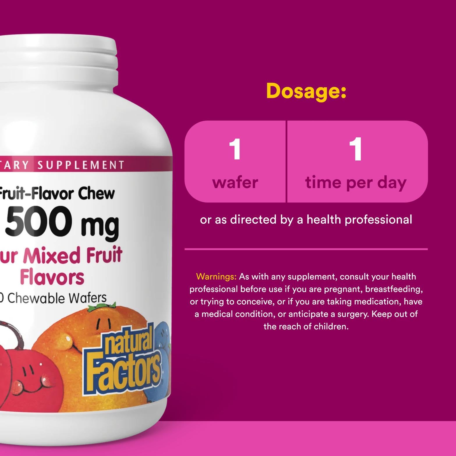 Natural Factors Kids Vitamin C 500 mg sealed jar shows non-GMO plant-based formula.