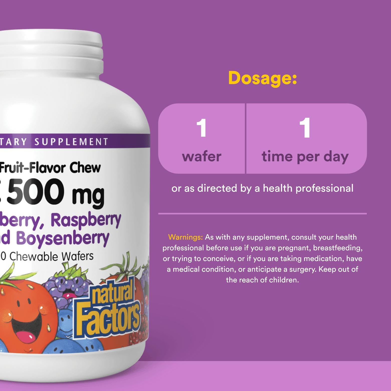Natural Factors Kids Vitamin C boysenberry flavor wafer supports antioxidant intake