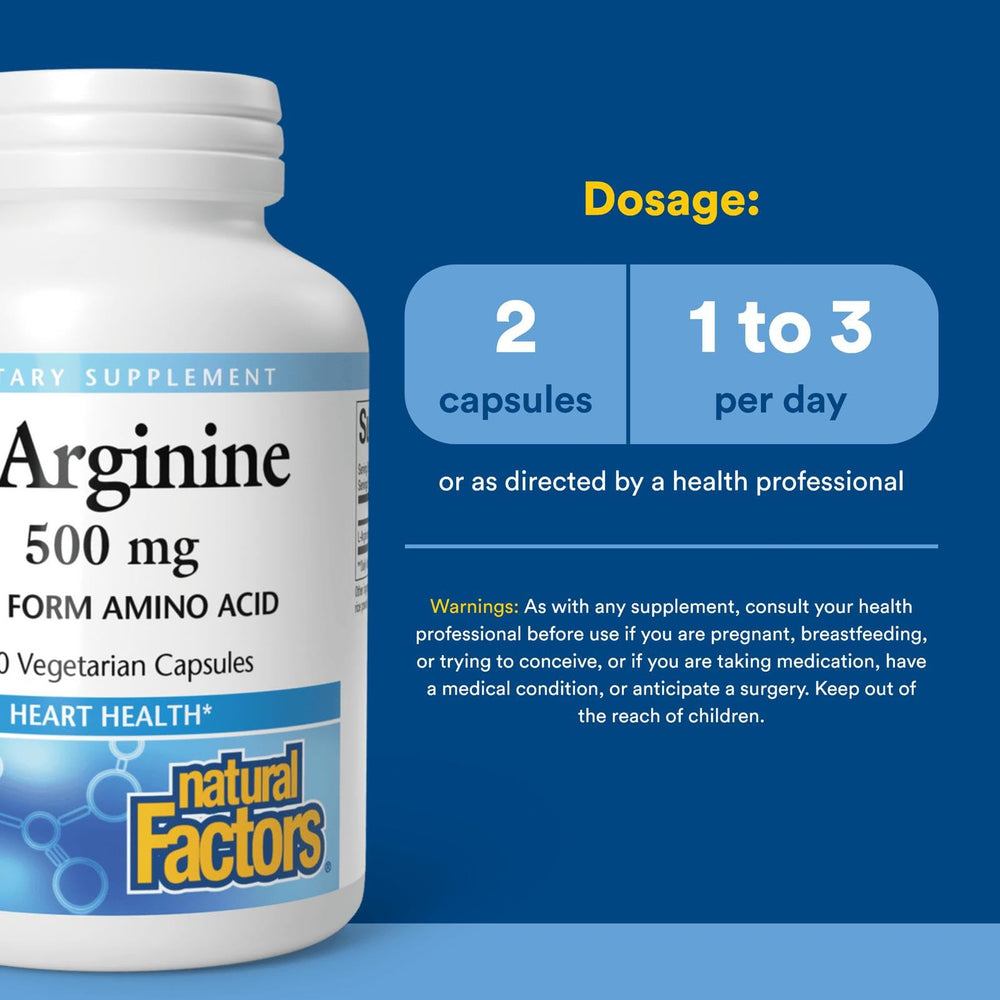 Natural Factors L-Arginine 500 mg label highlights pharmaceutical-grade ingredients.