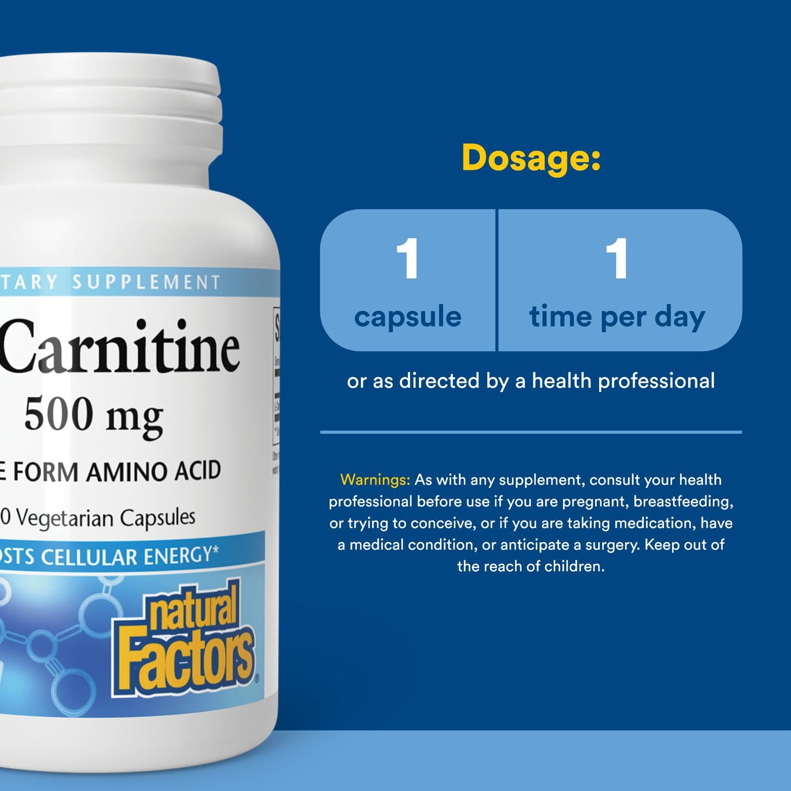 Natural Factors L-Carnitine 500 mg ingredient list shows non-GMO, gluten-free formula.