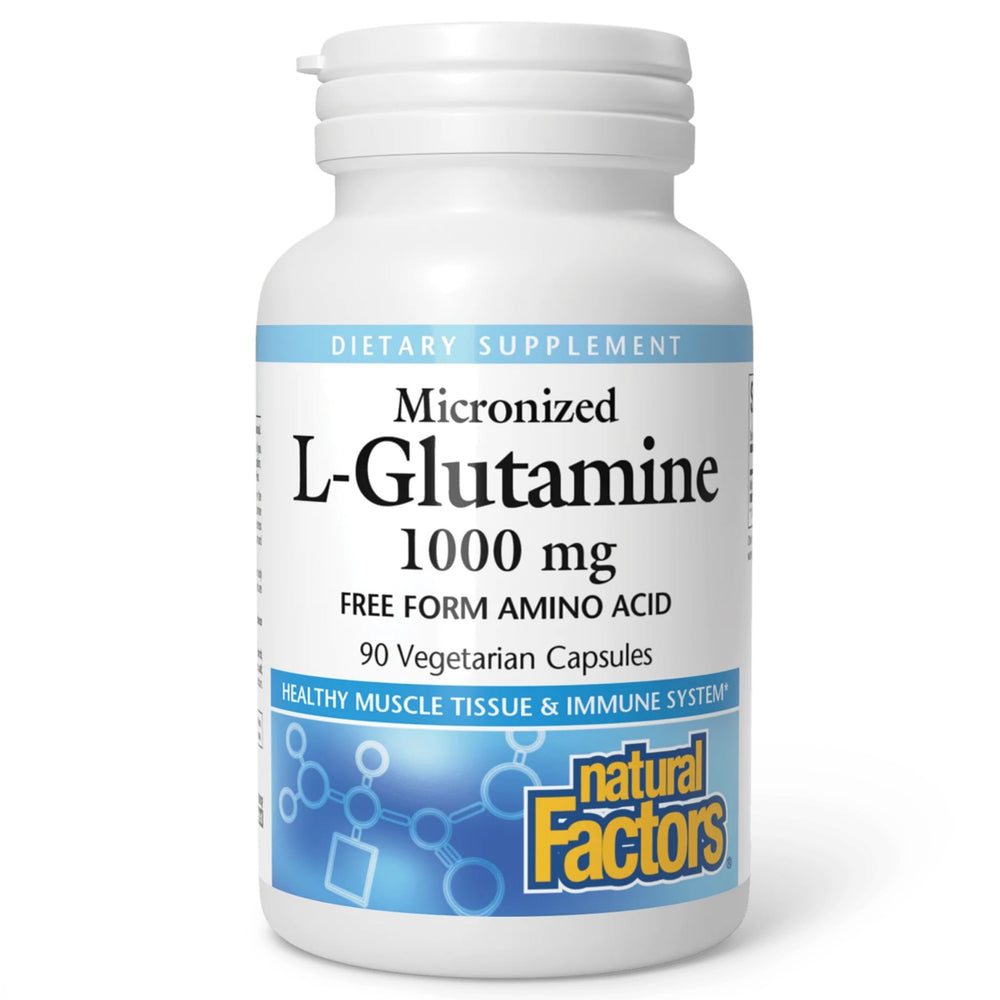 Natural Factors L-Glutamina 1000mg: botella con cápsulas, apoyo muscular potencial.