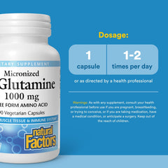 Natural Factors L-Glutamina etiqueta frontal: lectura clara de dosis y origen.