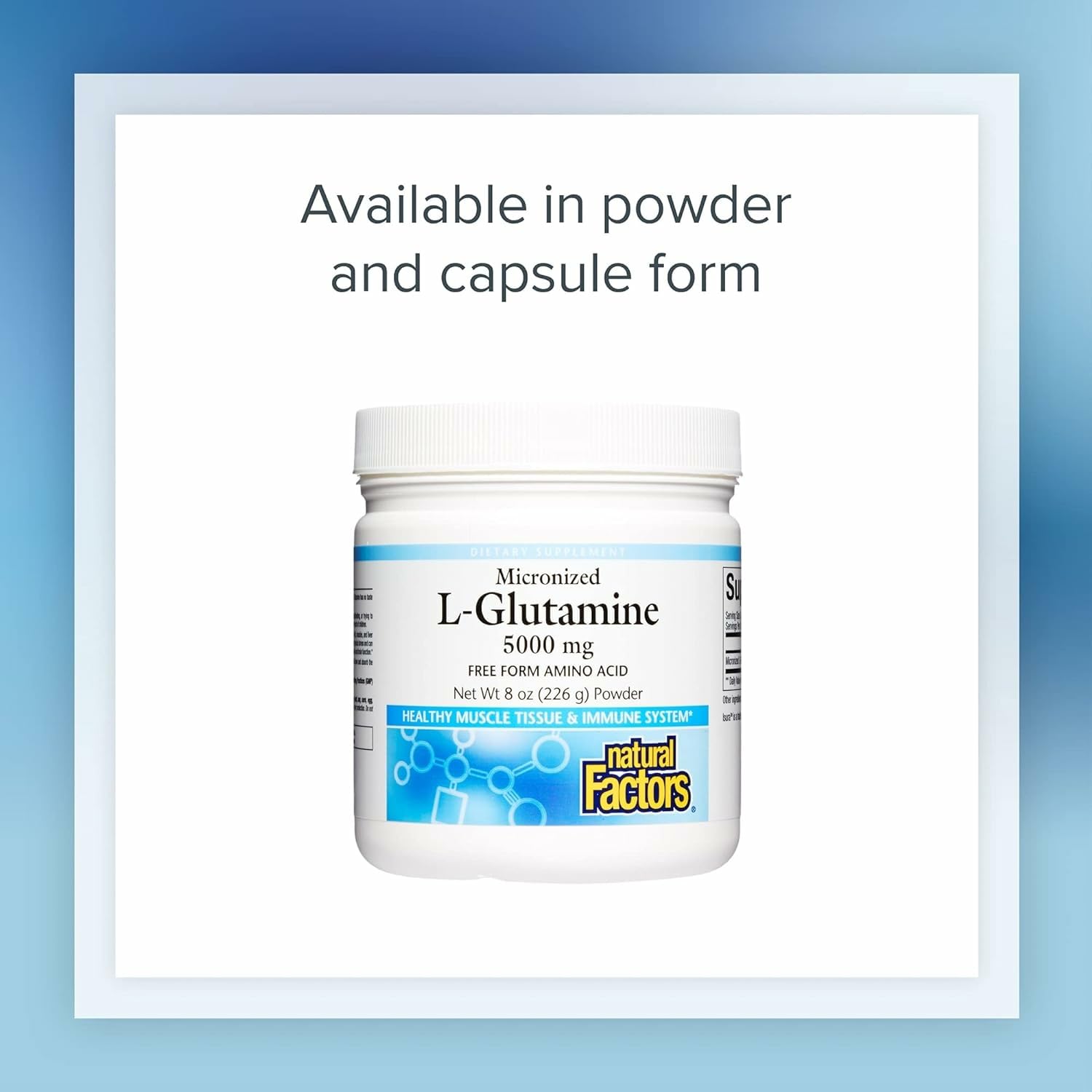 Natural Factors L-Glutamine capsules on white background ready for training days