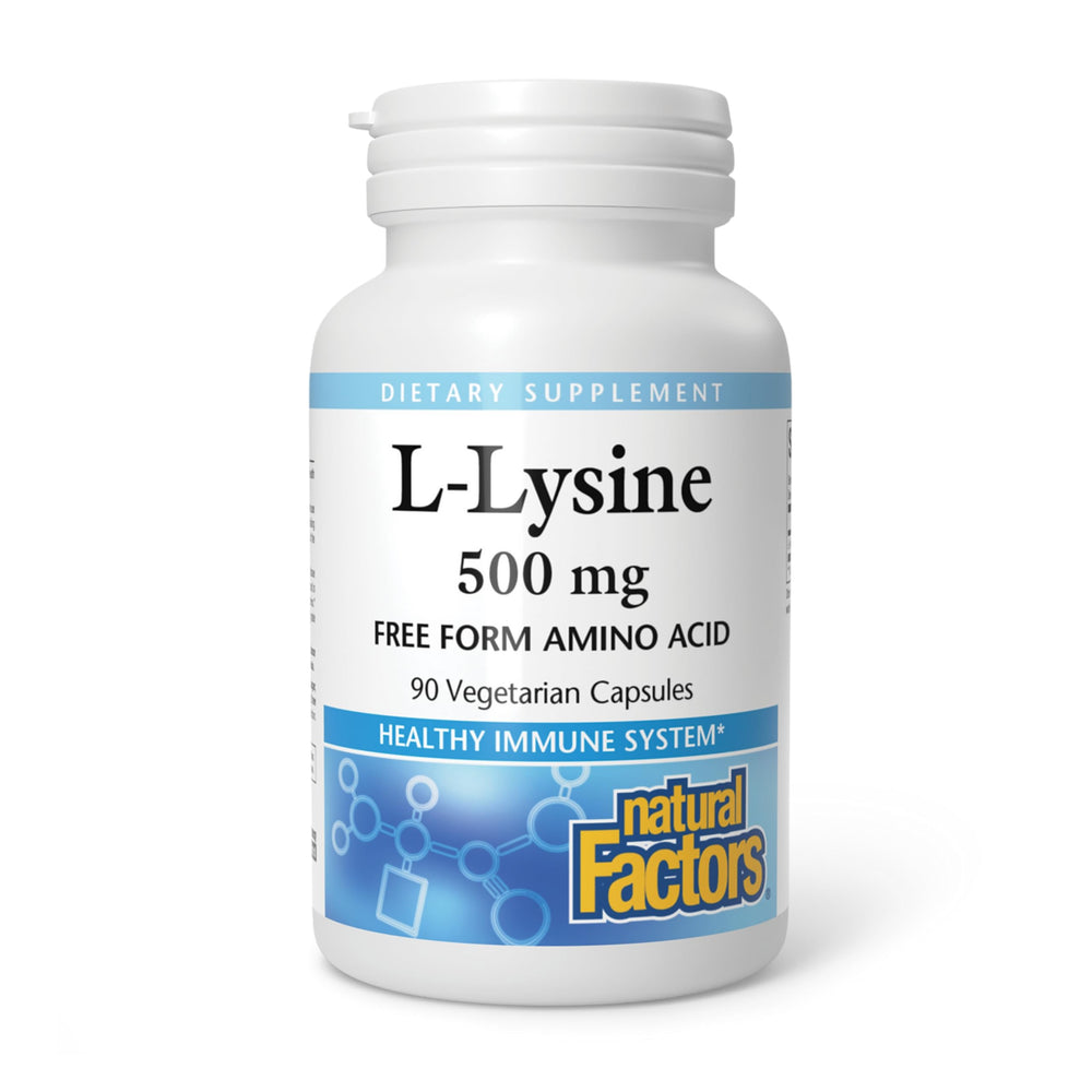 Natural Factors L-Lysine bottle label emphasizing quality and immune support