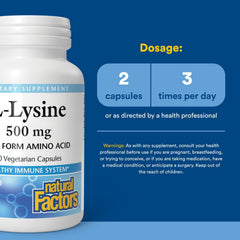 Natural Factors L-Lysine packaging highlighting organic non-GMO sourcing
