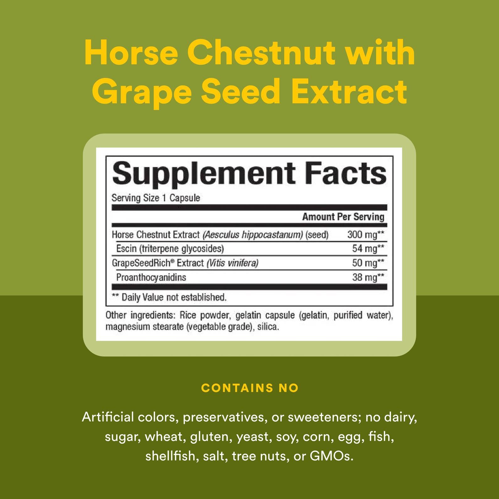Natural Factors label detail standardized bottle emphasizing potent escin and grape seed synergy.
