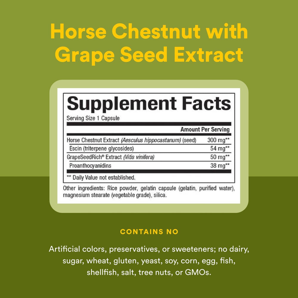 Natural Factors label detail standardized bottle emphasizing potent escin and grape seed synergy.