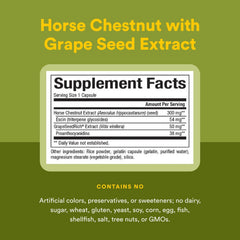 Natural Factors label detail standardized bottle emphasizing potent escin and grape seed synergy.