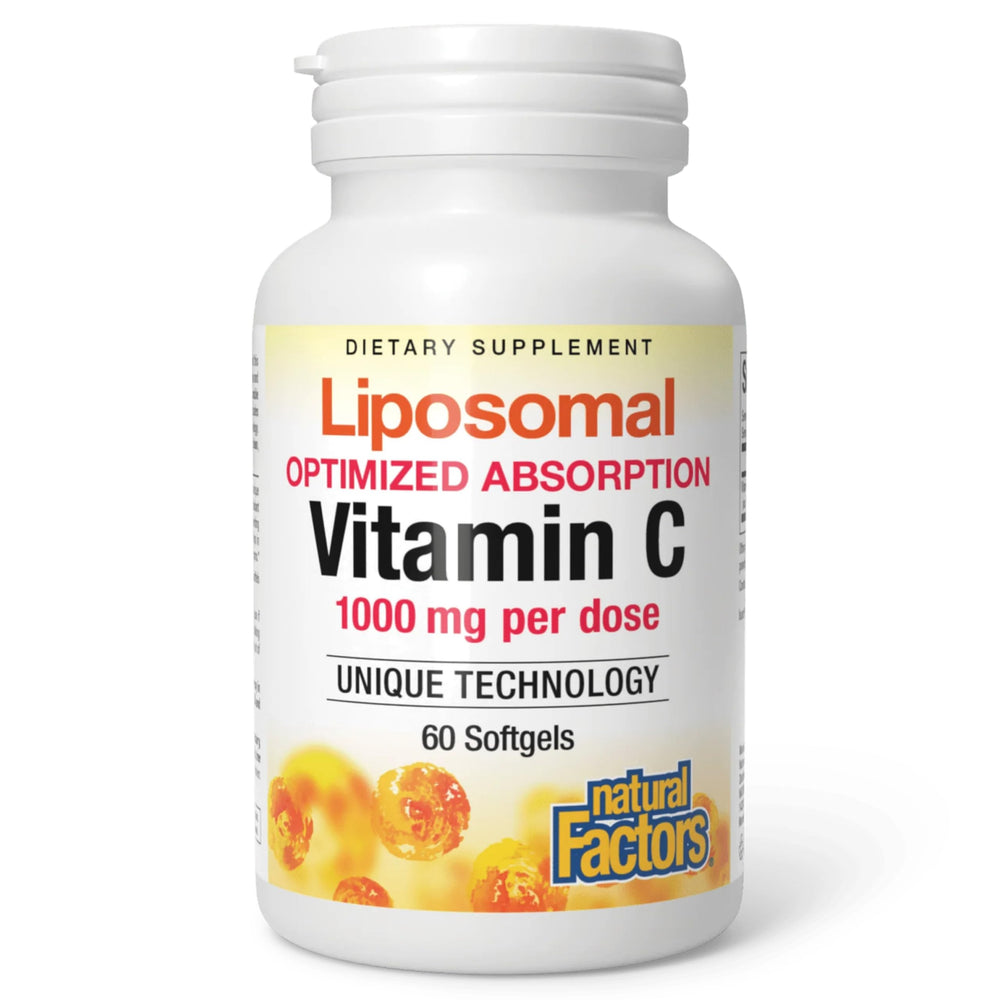 Natural Factors Liposomal Vitamin C bottle with softgels highlighting high-absorption formula for immune support