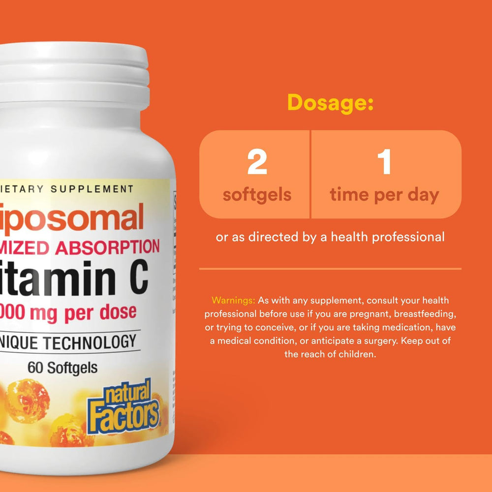 Graphic illustrating Natural Factors Liposomal Vitamin C liposomal technology and potency