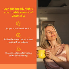 Close-up of Natural Factors Liposomal Vitamin C softgels label emphasizing gentle stomach tolerance