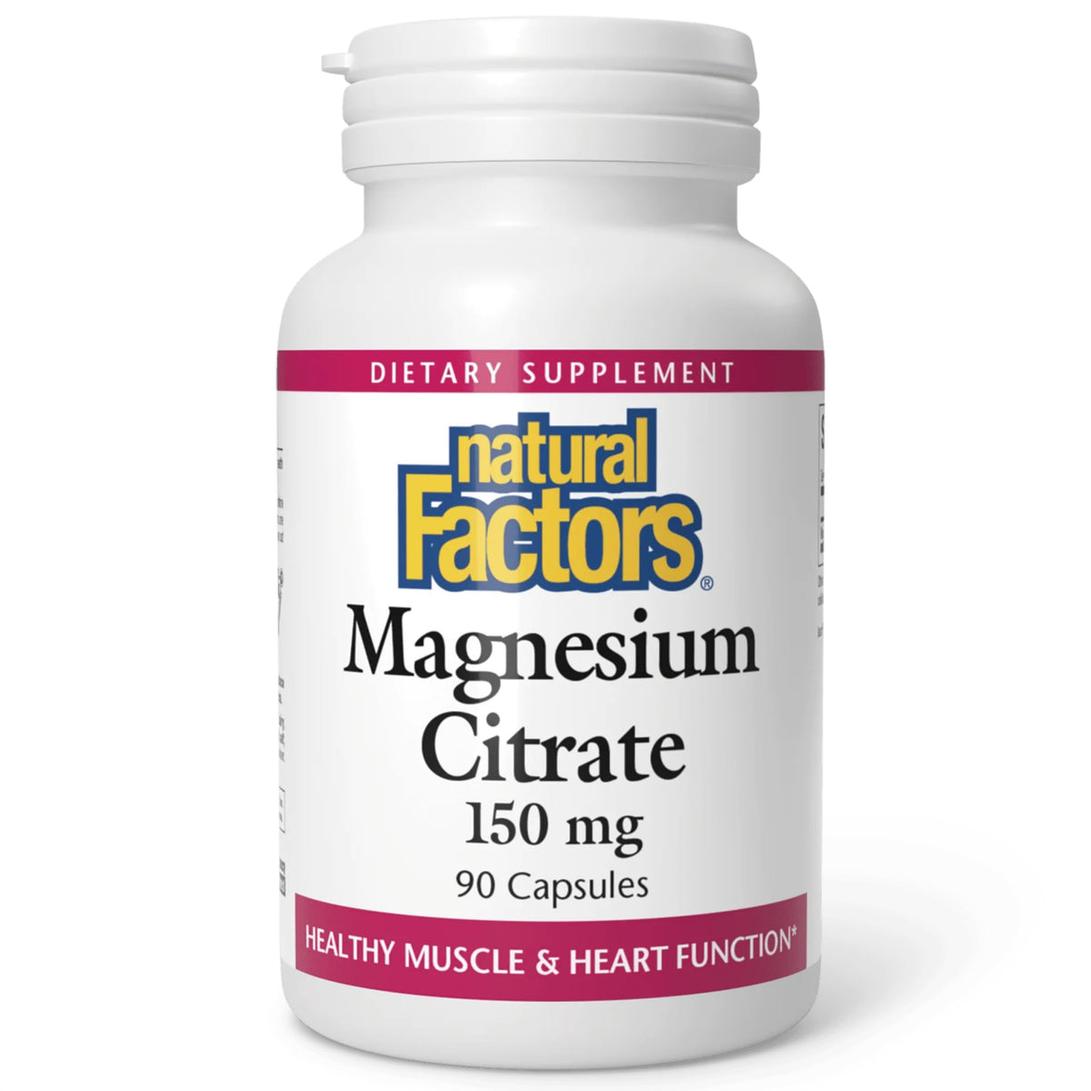 Natural Factors Magnesium Citrate bottle front, a reliable daily supplement for bone and muscle health.