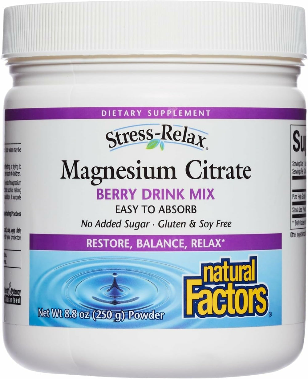 Natural Factors Magnesium Citrate Powder bottle displays berry flavor for daily use.