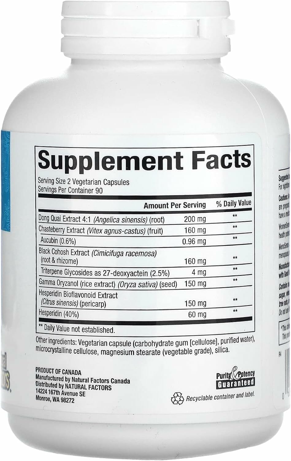 Natural Factors MenoSense capsules closeup highlights easy-to-swallow vegetarian capsules.