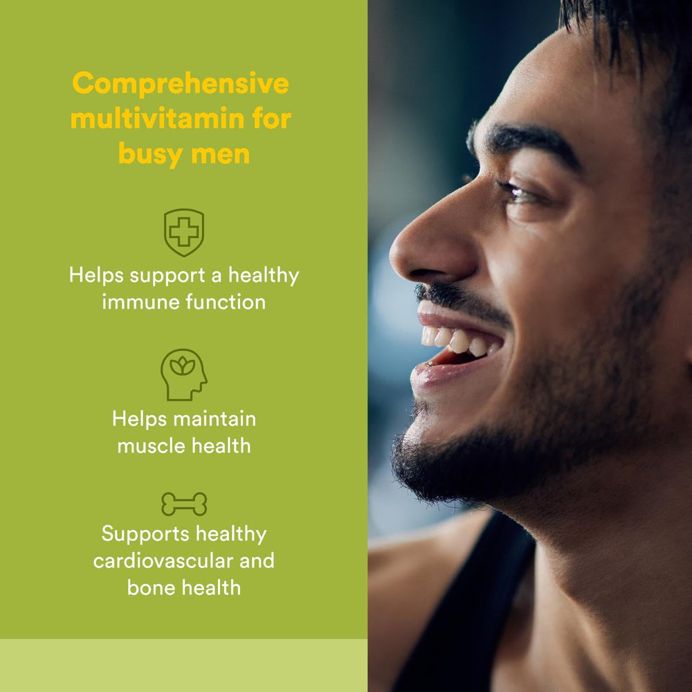 Natural Factors men's multivitamin bottle with pour illustrates easy daily capsules.