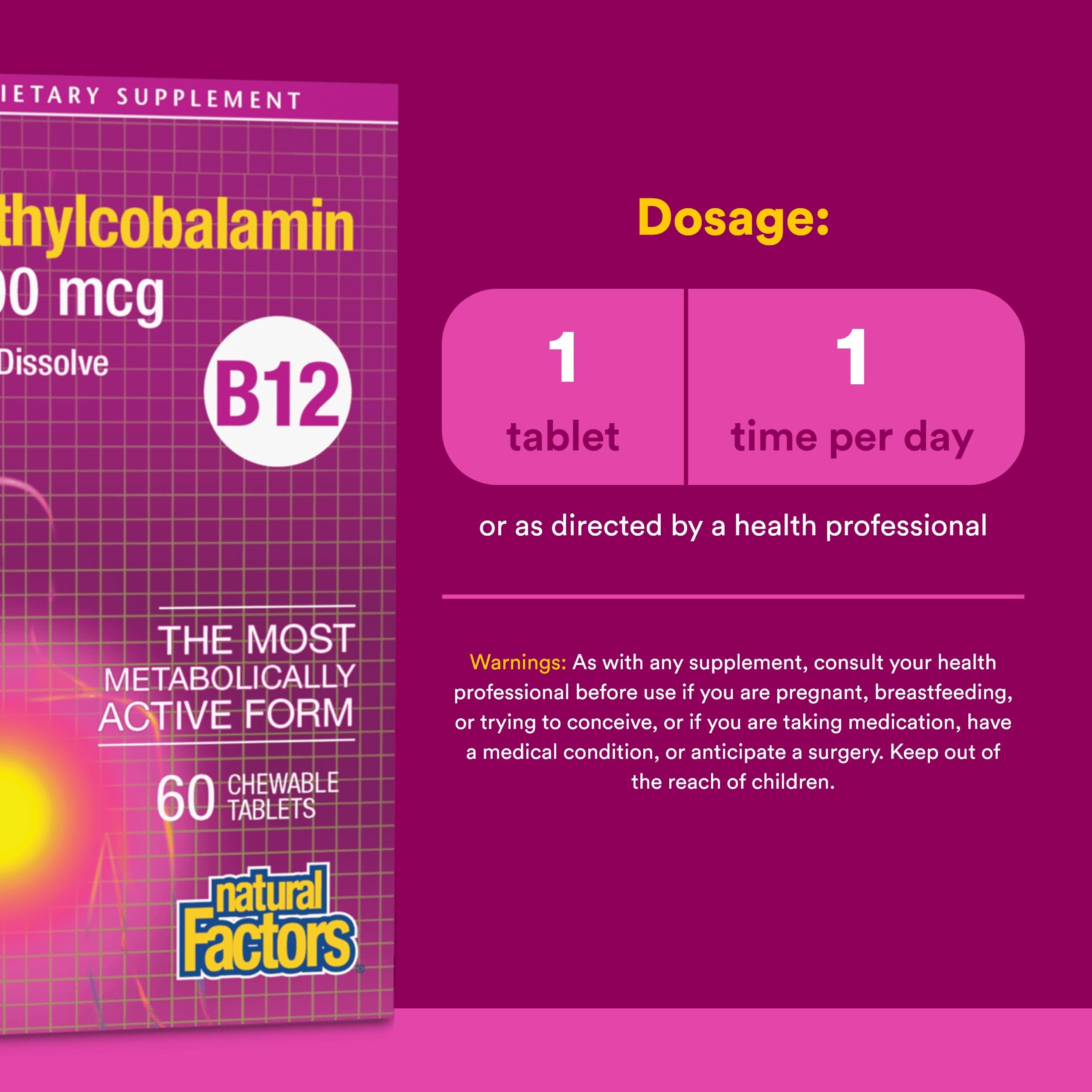 Natural Factors methylcobalamin label emphasizes active B12 form for daily use.
