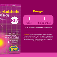 Natural Factors methylcobalamin label emphasizes active B12 form for daily use.
