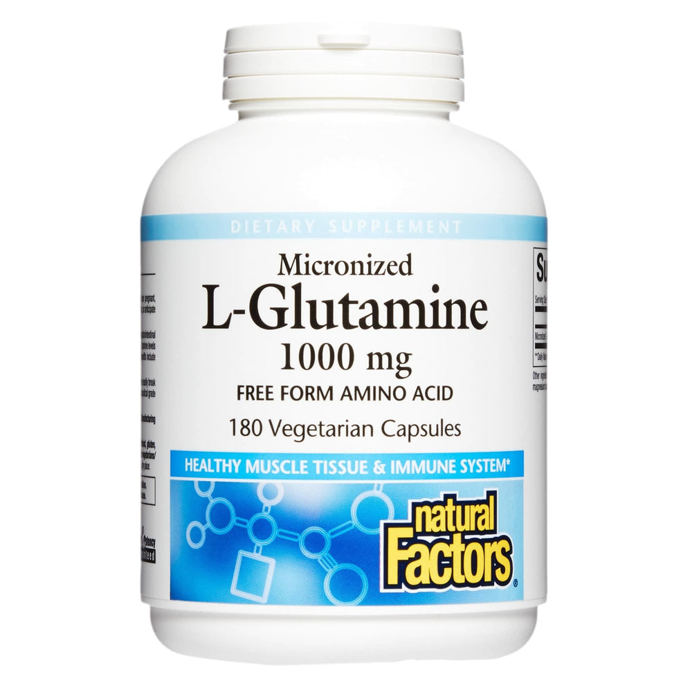 Natural Factors micronized L-Glutamine bottle shown for post-activity recovery