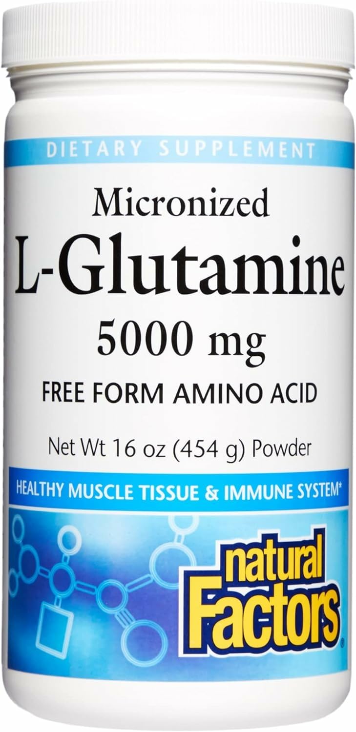 Natural Factors Micronized L-Glutamine powder jar label, highlighting quality ingredients.