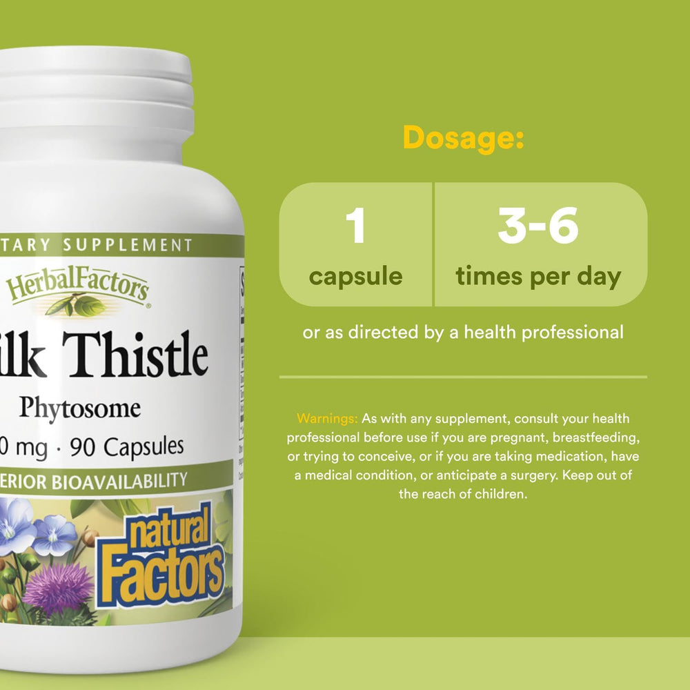 Natural Factors Milk Thistle Phytosome bottle label emphasizes 80% silymarin