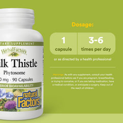 Natural Factors Milk Thistle Phytosome bottle label emphasizes 80% silymarin
