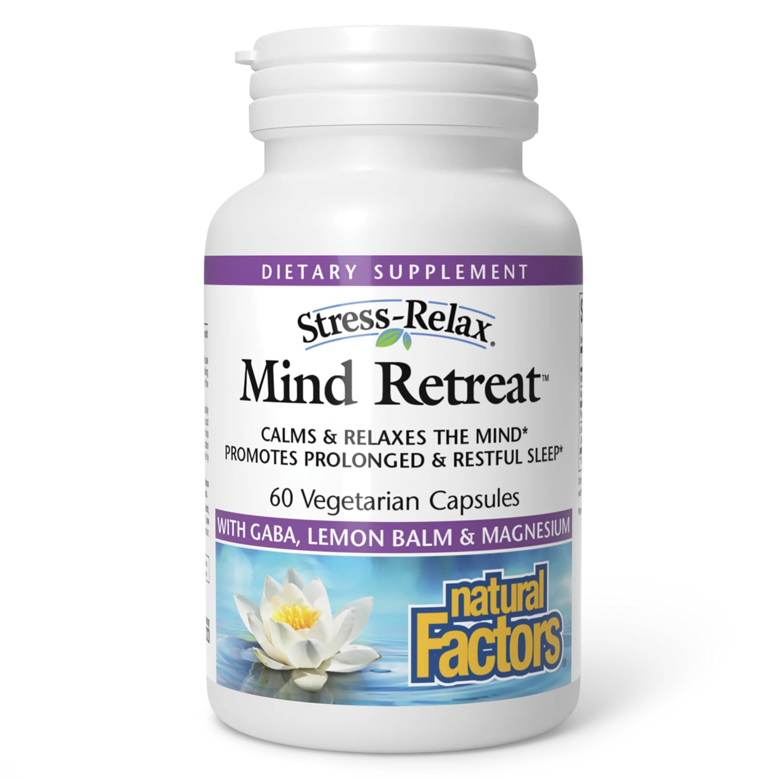 Natural Factors Mind Retreat bottle shown on a nightstand for a calm evening routine.