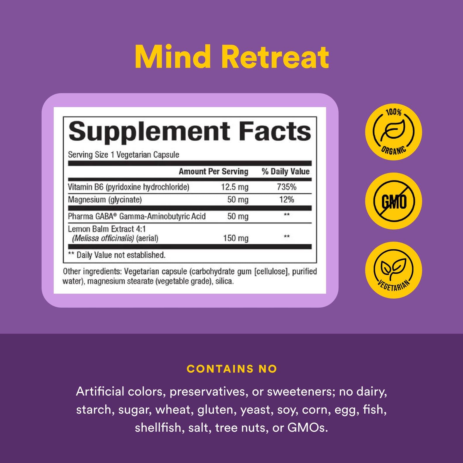 Natural Factors Mind Retreat ingredients list highlights GABA, magnesium, lemon balm, and B6.