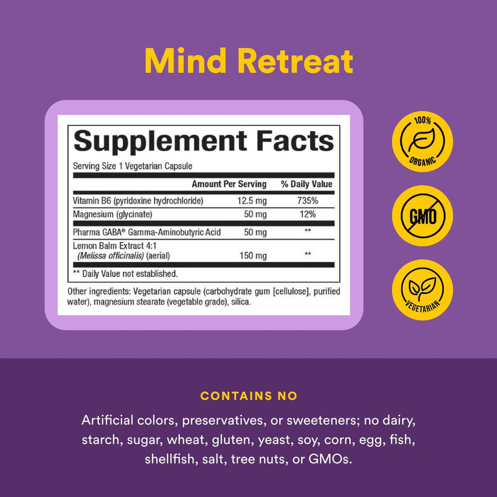 Natural Factors Mind Retreat ingredients list highlights GABA, magnesium, lemon balm, and B6.
