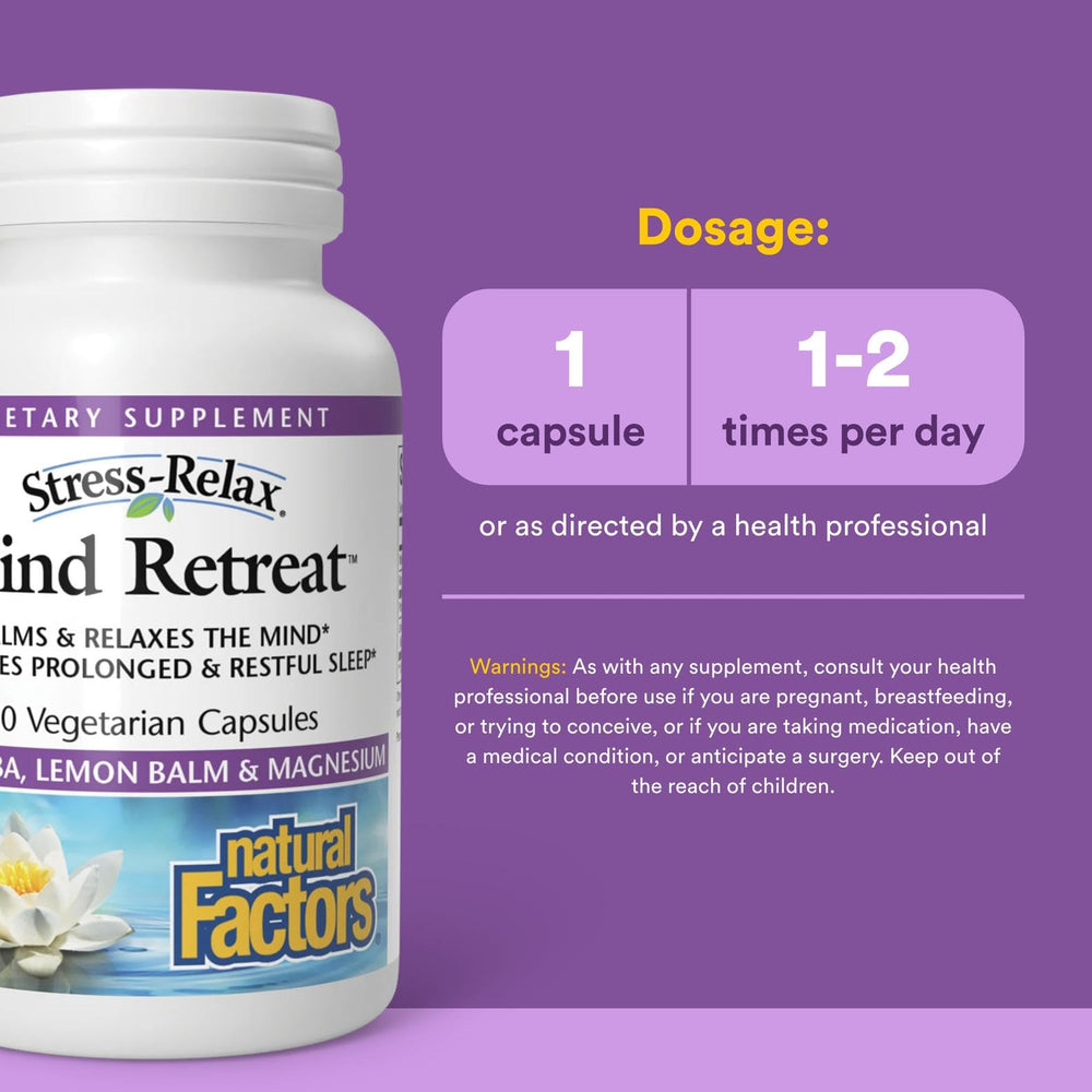 Natural Factors Mind Retreat packaging on a shelf communicates trusted relaxation support.