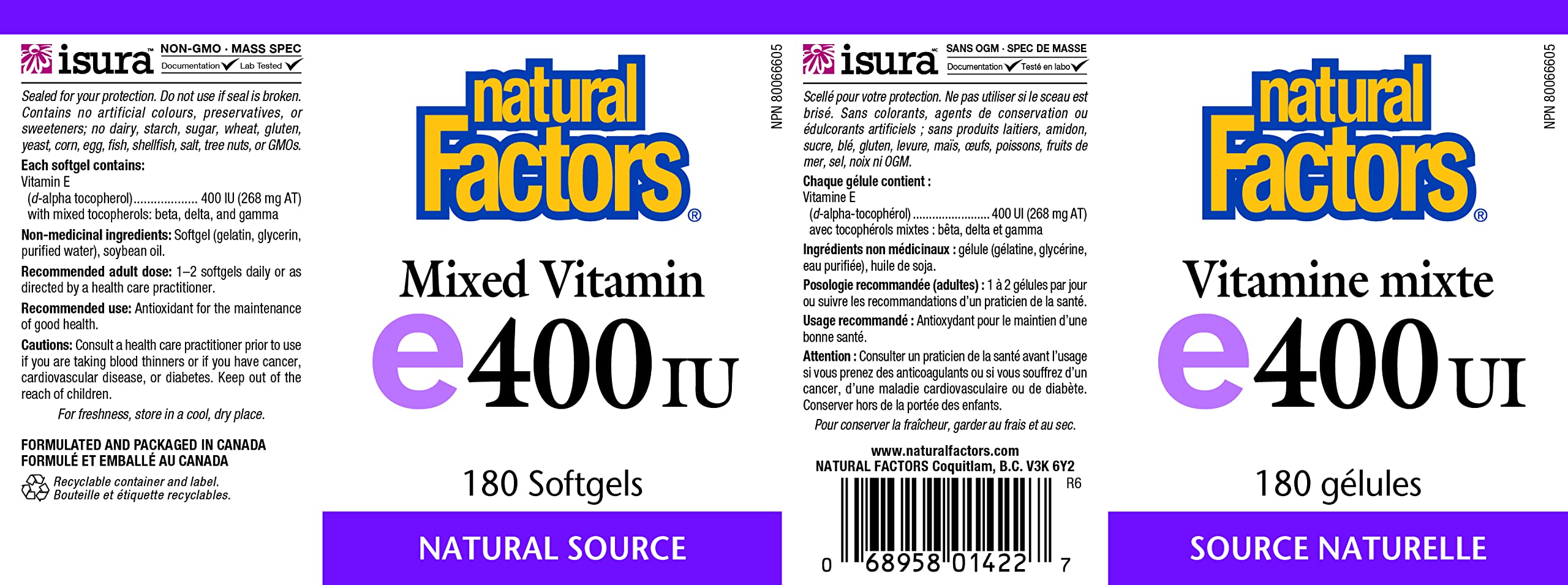 Natural Factors Vitamin E 400 IU bottle showing label and dosage.