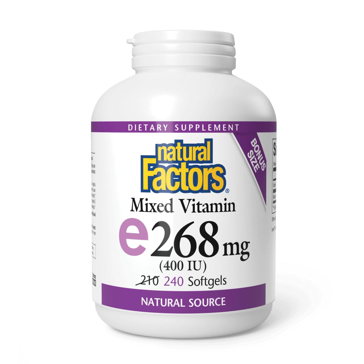 Natural Factors mixed vitamin E 400 IU softgel bottle on shelf for daily antioxidant support.