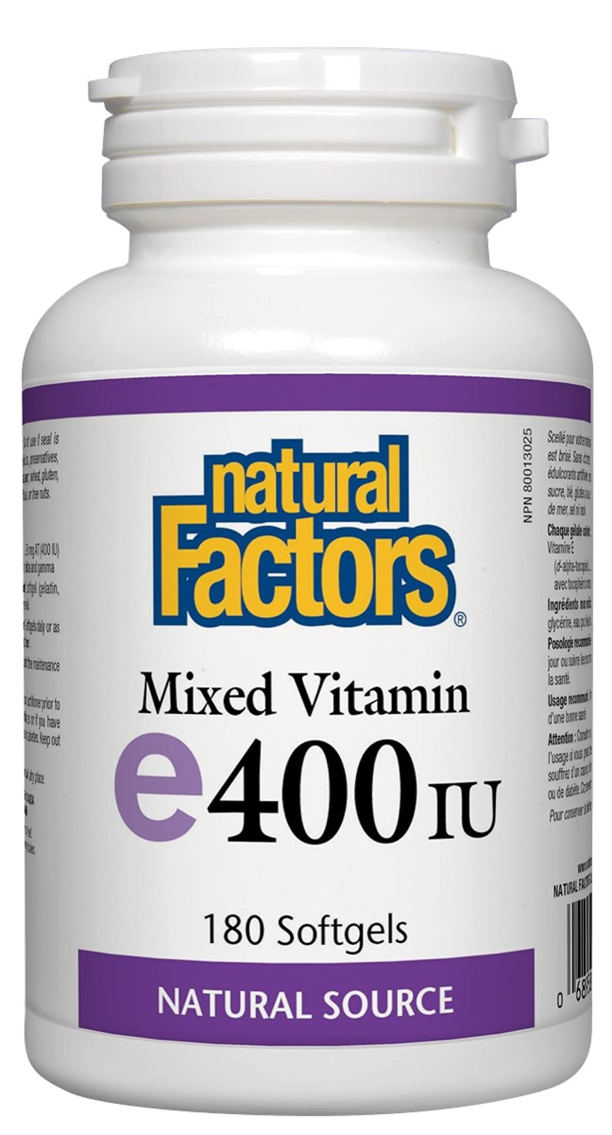 Natural Factors Mixed Vitamin E 400 IU softgels for daily antioxidant support.