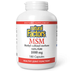 Natural Factors MSM bottle label close-up showing potential joint support.