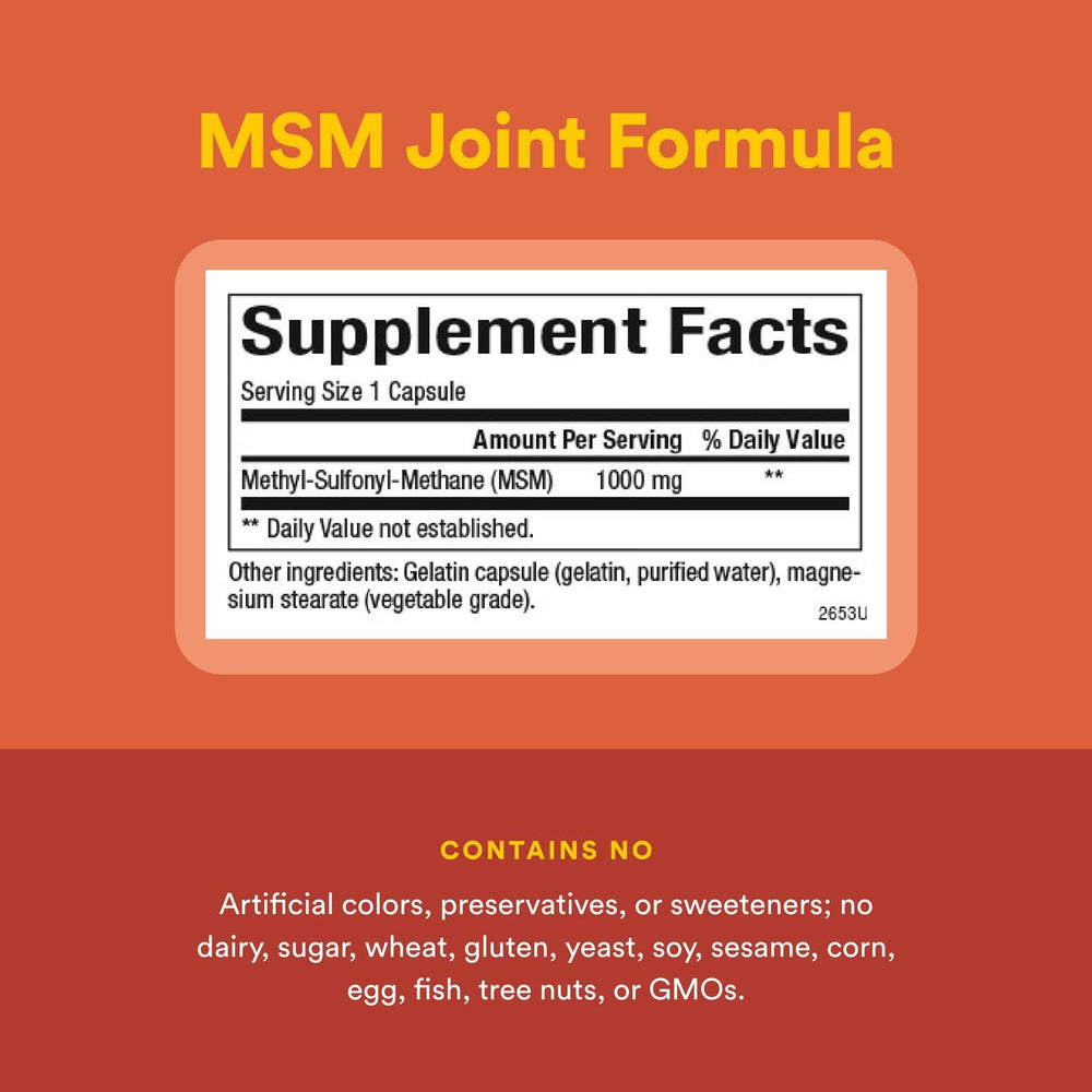 Natural Factors MSM packaging with label highlights purity and third-party testing.